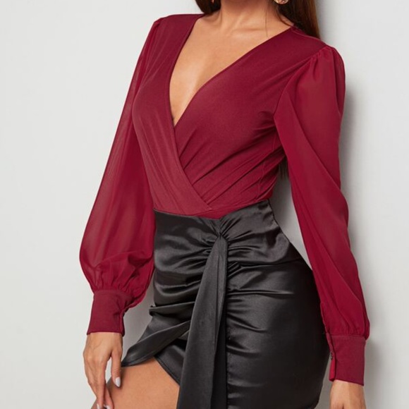 Burgundy Red  v neck overlap Sheer sleeve bodysuit - Picture 4 of 6